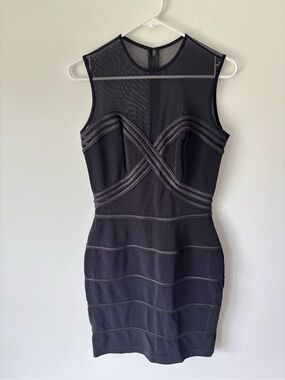 Tadashi Shoji Black Mini Dress Bandage Criss Cross Mesh Y2K Vintage Cocktail